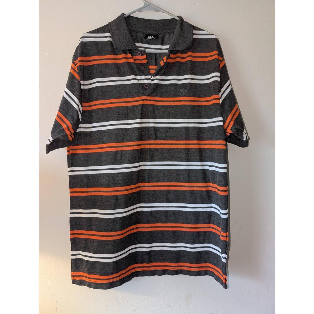 Canyon Club Polo Shirt Mens Large Gray Orange Striped Short Sleeve Collared